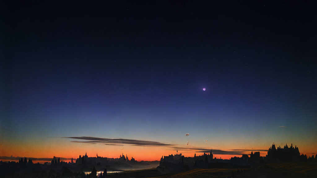 Twilight sky over distant city skyline at sunset