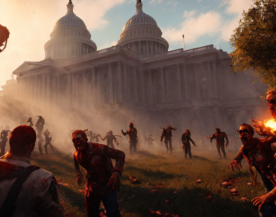 Burning Capitol building with advancing zombies in chaotic scene