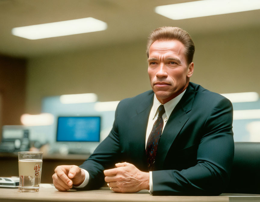 Professional man in dark suit sitting at desk with water glass