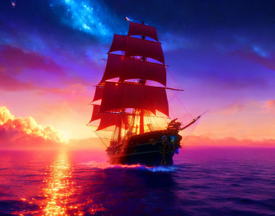 Majestic sailing ship with red sails on luminous sea at sunset