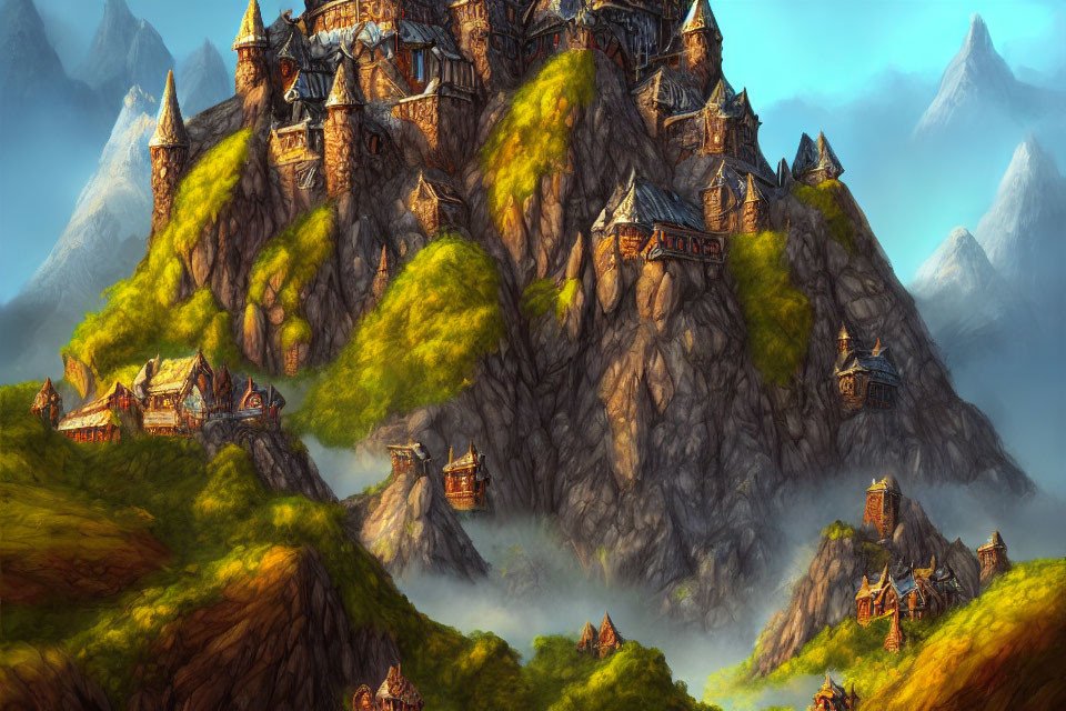 Majestic fantasy mountain landscape with castles and wooden structures in golden sunlight