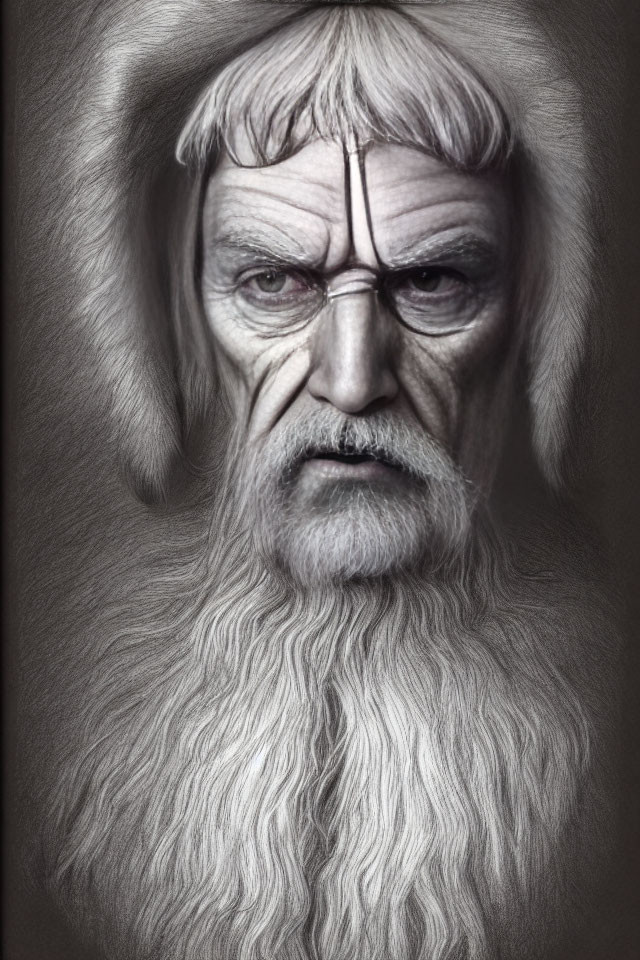 Monochrome digital artwork of stern elderly man with deep wrinkles and bushy beard