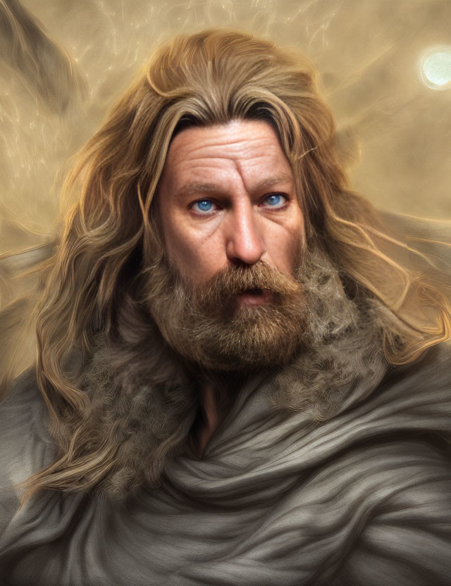 Man with Long Wavy Hair and Blue Eyes in Gray Cloak on Swirled Background