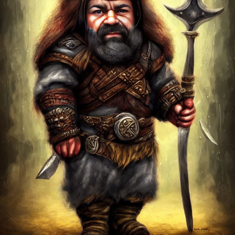 Fantasy dwarf warrior with beard, armor, axe, and knives.