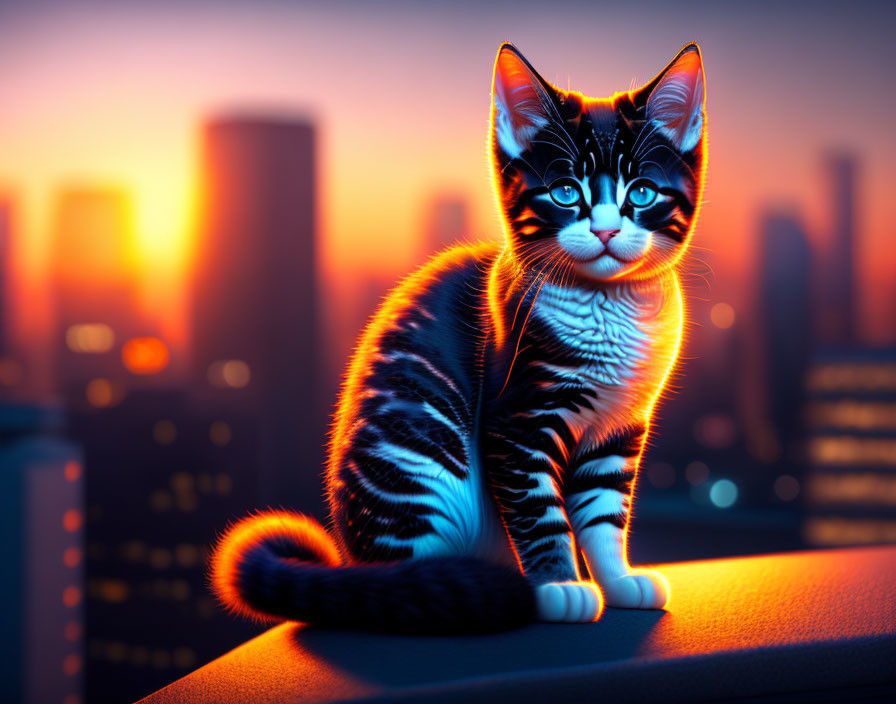 Black and White Striped Kitten with Blue Eyes on Building Ledge at Sunset