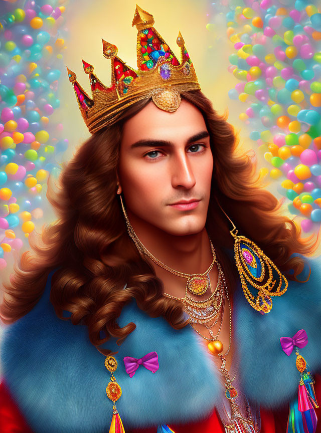 Regal Figure with Crown, Fur Cloak, and Golden Jewelry on Colorful Balloon Background