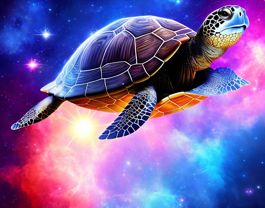 Colorful Digital Artwork: Sea Turtle with Starry Night Shell