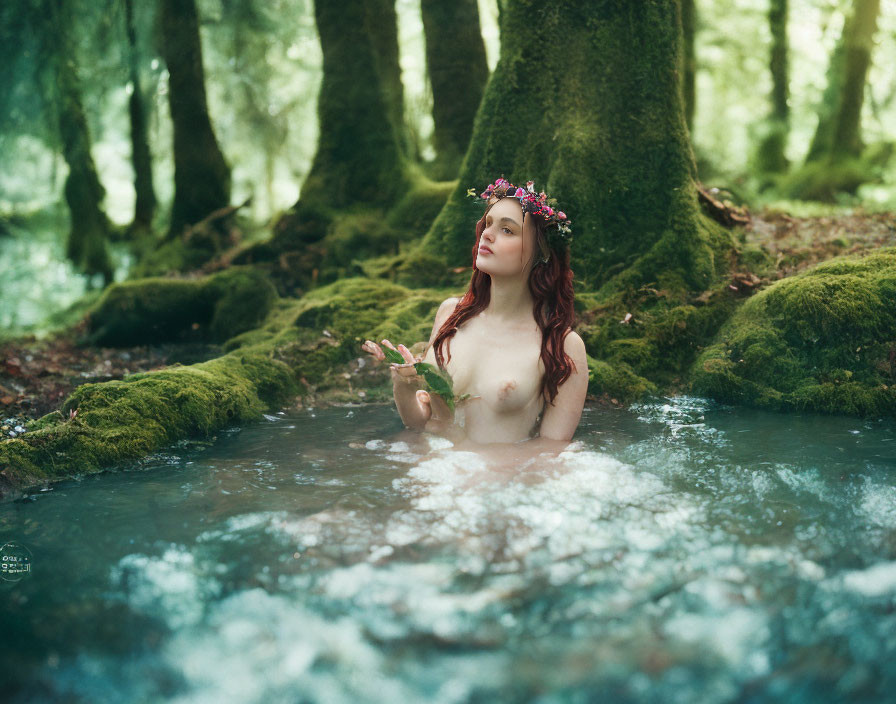 Woman with Floral Crown Sitting in Forest Stream Surrounded by Moss-Covered Trees