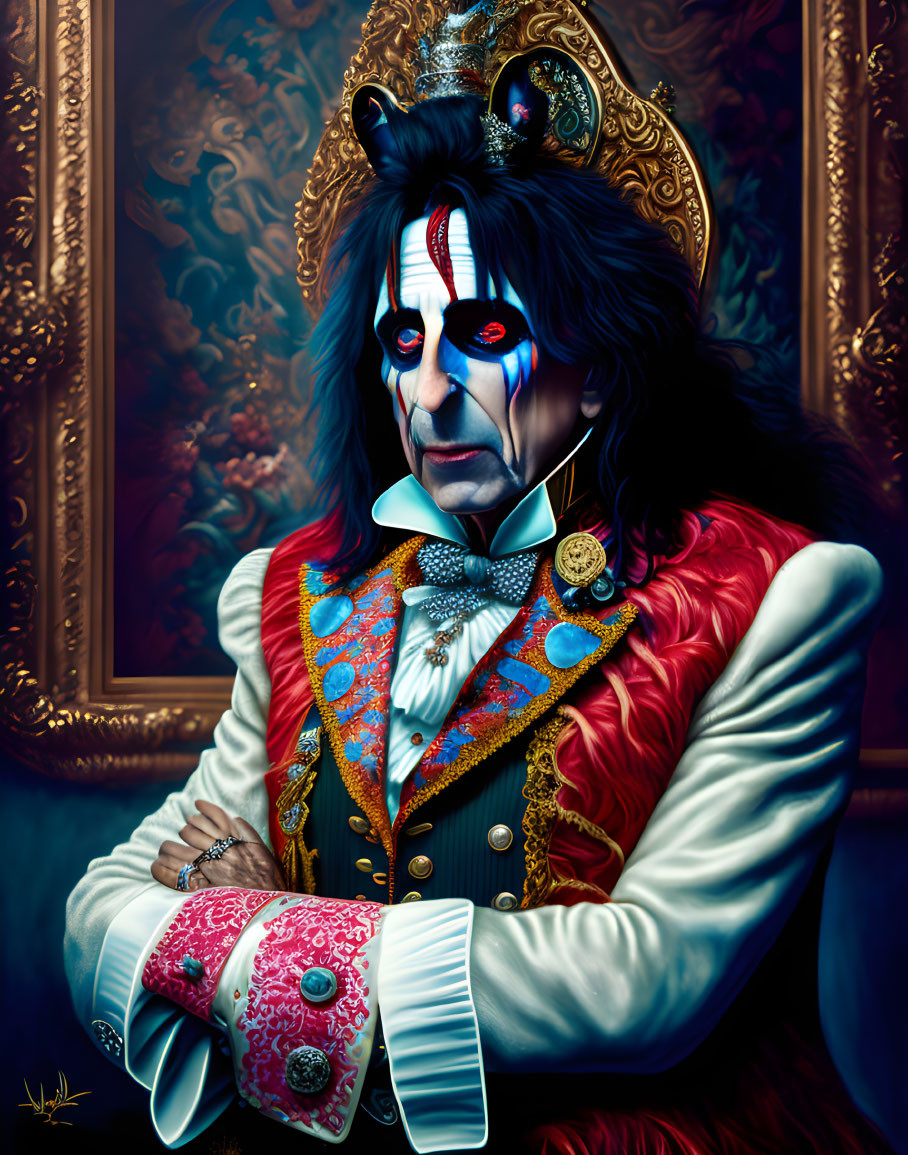 Regal attire portrait with crown, colorful makeup, and intense gaze