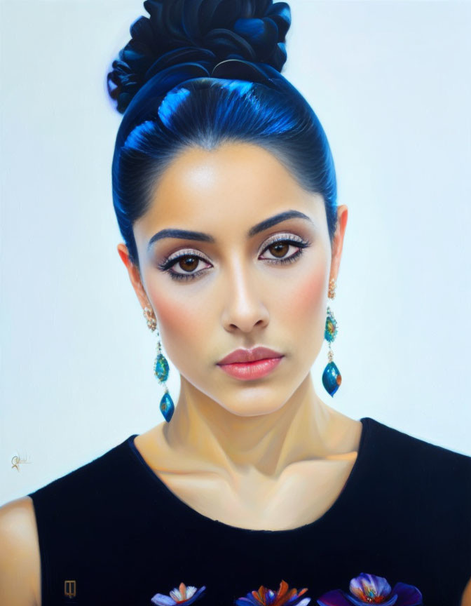 Portrait of Woman with Stylized Blue Hair Updo and Floral Accents