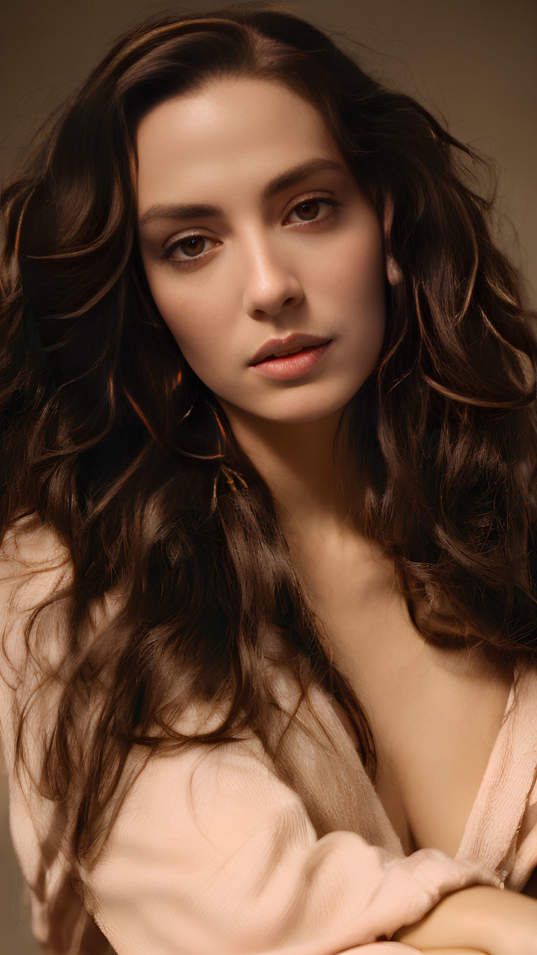 Portrait of woman with long wavy brown hair and peach top against warm background