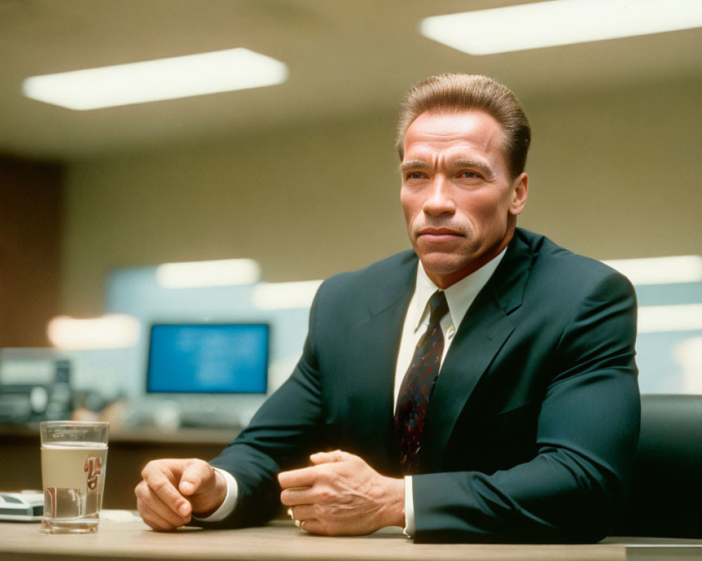 Professional man in dark suit sitting at desk with water glass