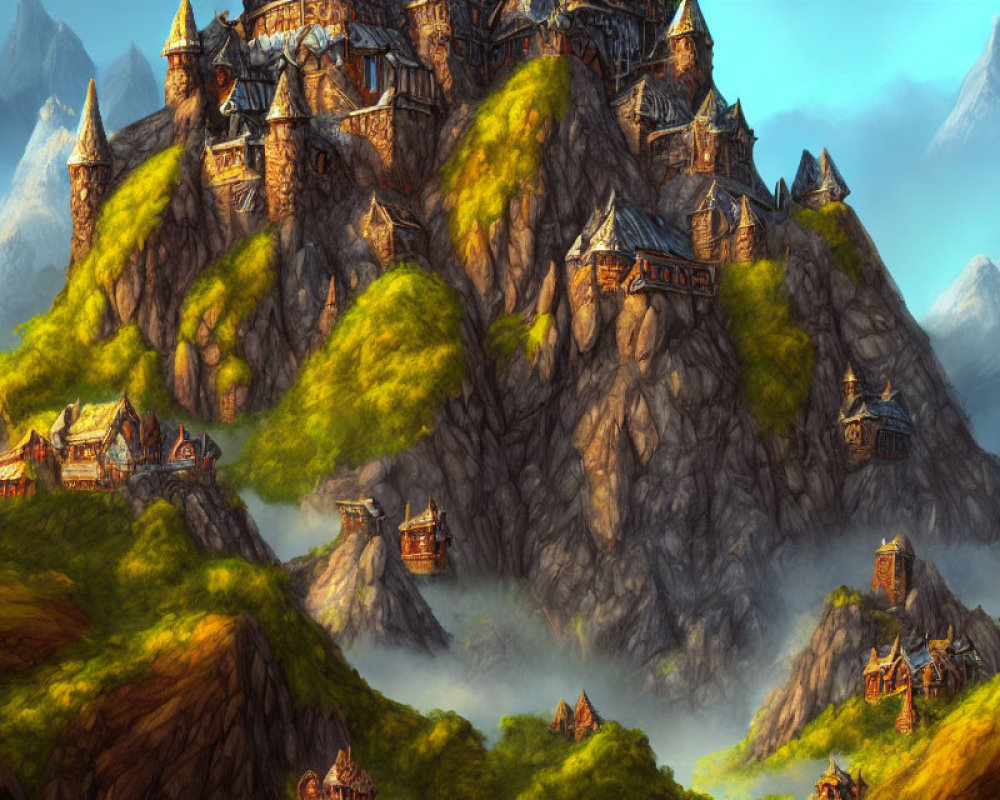 Majestic fantasy mountain landscape with castles and wooden structures in golden sunlight