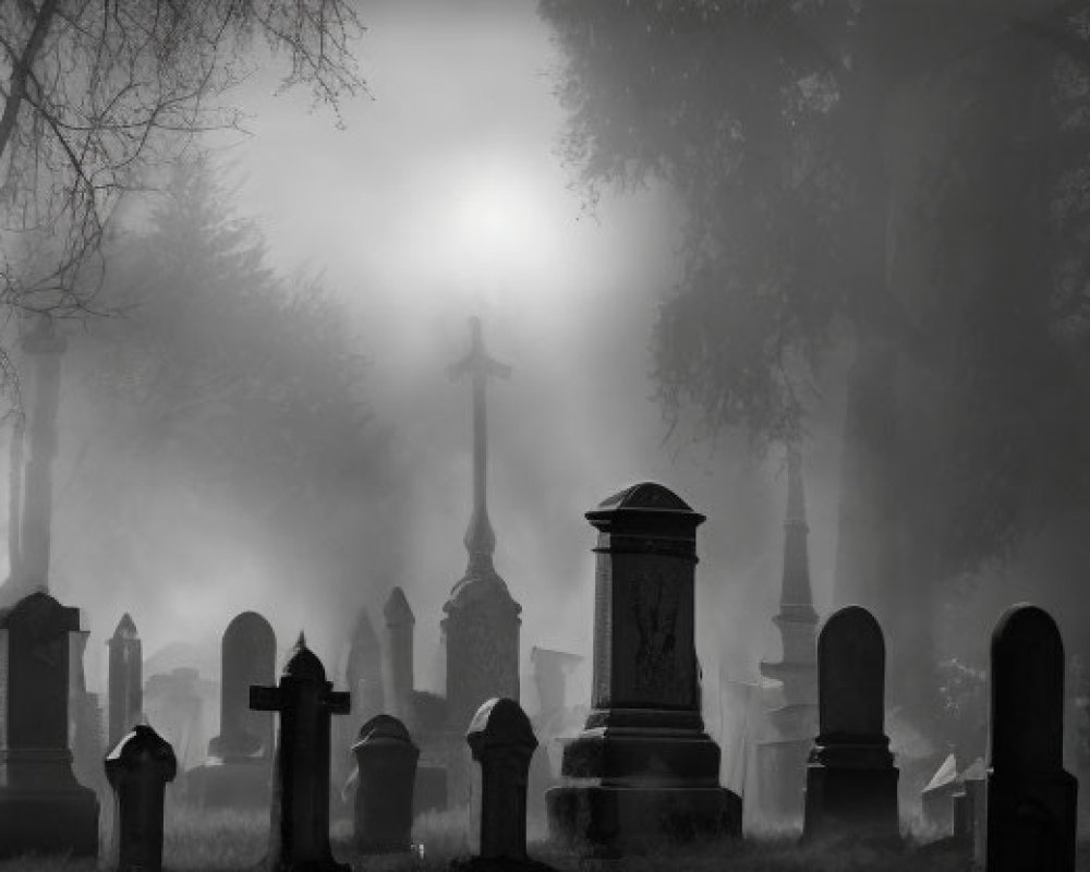 Foggy cemetery scene with tombstones and crosses in mist