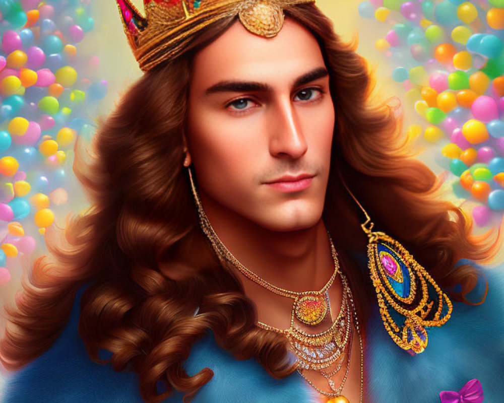 Regal Figure with Crown, Fur Cloak, and Golden Jewelry on Colorful Balloon Background