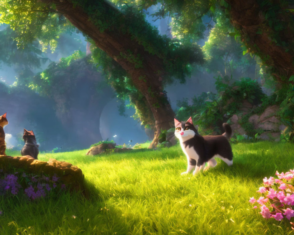 Three Cats in Vibrant Sunlit Forest with Pink Flowers