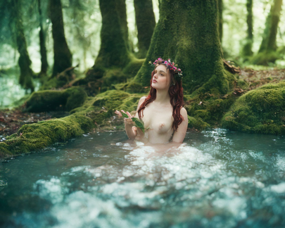 Woman with Floral Crown Sitting in Forest Stream Surrounded by Moss-Covered Trees