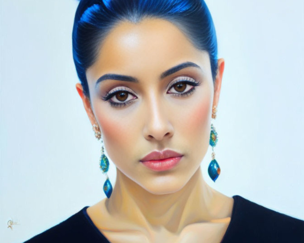 Portrait of Woman with Stylized Blue Hair Updo and Floral Accents