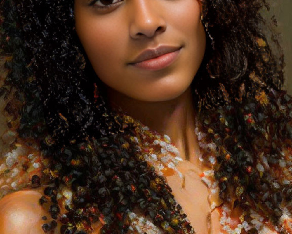 Curly-Haired Woman in Peach Top with Delicate Flowers