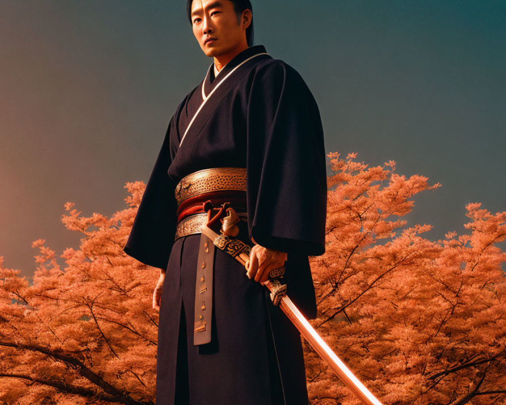 Traditional Japanese Attire Figure with Katana in Cherry Blossom Setting