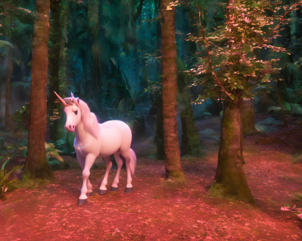 Mystical forest scene with unicorn, pink and purple lighting