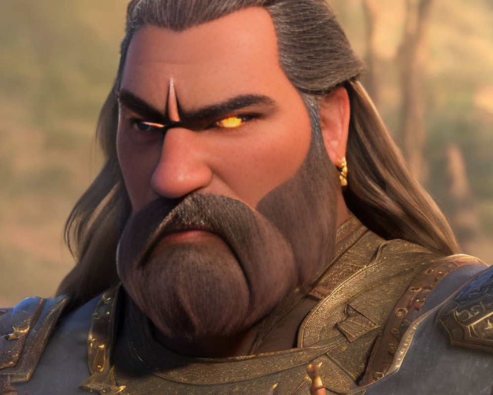 Animated character with grey beard, golden eyes, blue and gold armor, gemstone accent