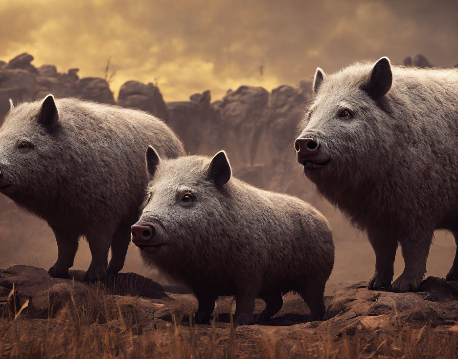 Three Wild Boars in Dramatic Wilderness Landscape