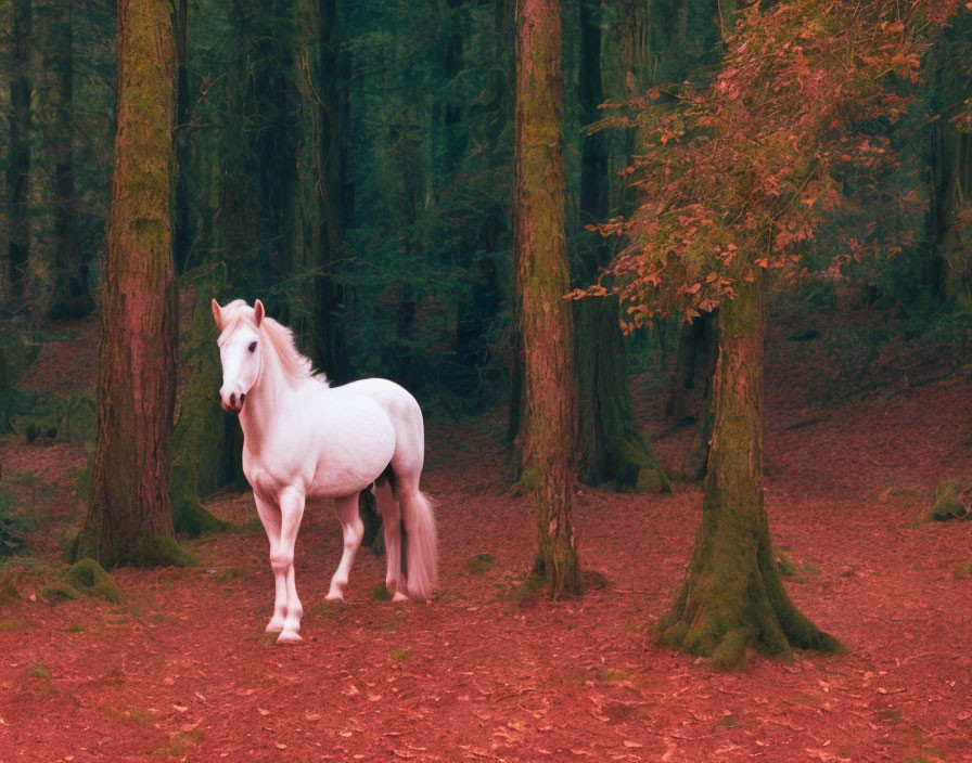 White Horse in Mystical Forest with Red Foliage