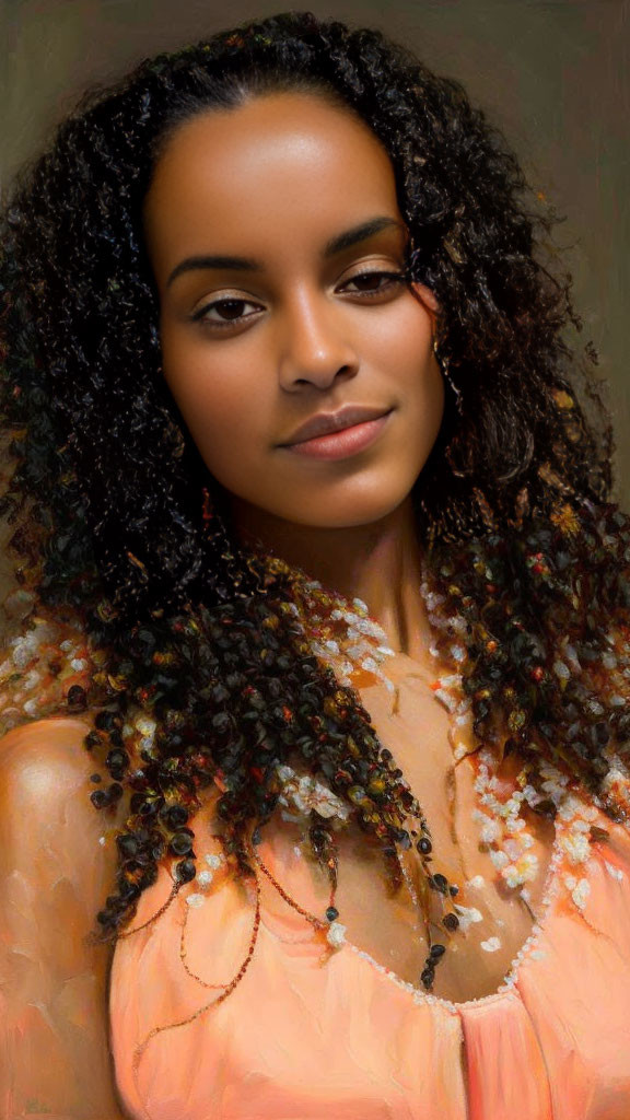 Curly-Haired Woman in Peach Top with Delicate Flowers