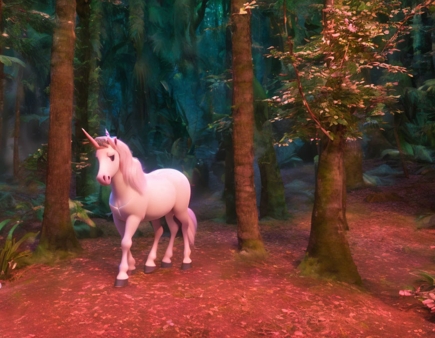 Mystical forest scene with unicorn, pink and purple lighting