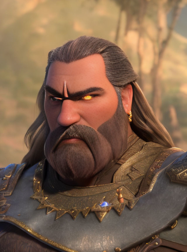 Animated character with grey beard, golden eyes, blue and gold armor, gemstone accent