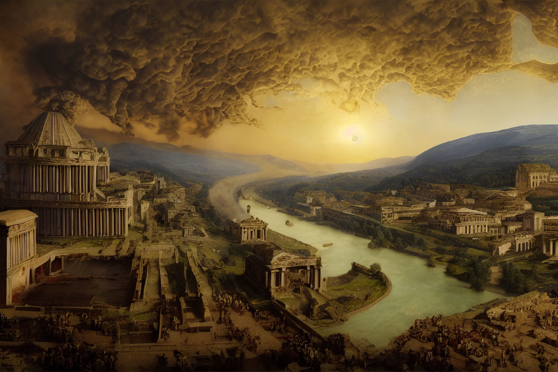 Ancient Roman cityscape at sunset with dramatic clouds