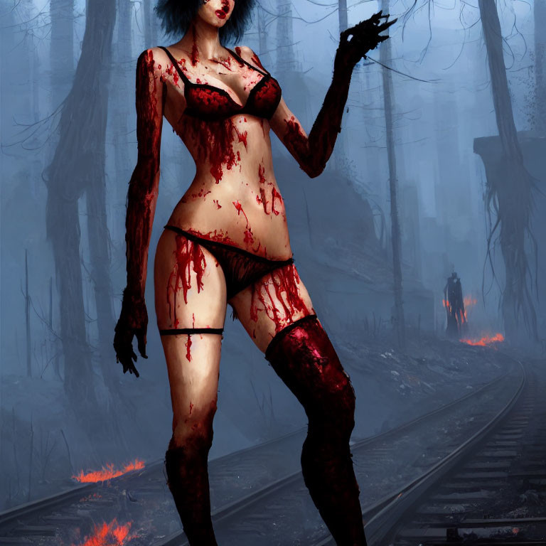 Graphic illustration of woman on railway tracks in misty forest