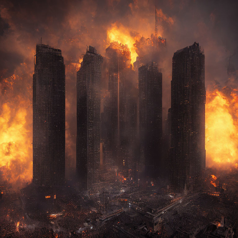 Dark skyscrapers ablaze in apocalyptic cityscape.