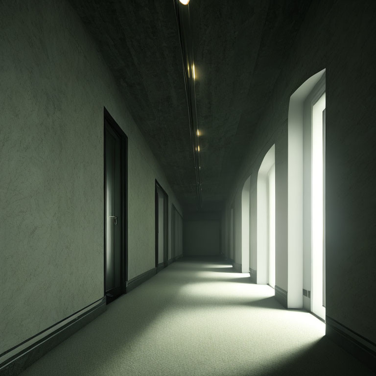 Dimly lit corridor with arched alcoves and vertical lights casting a moody ambience