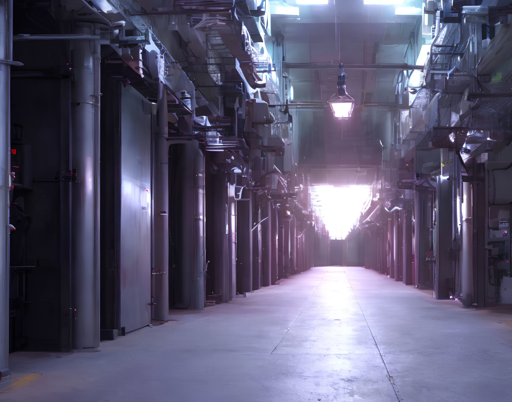 Industrial hallway with large pipes and purple haze lighting leading to bright exit