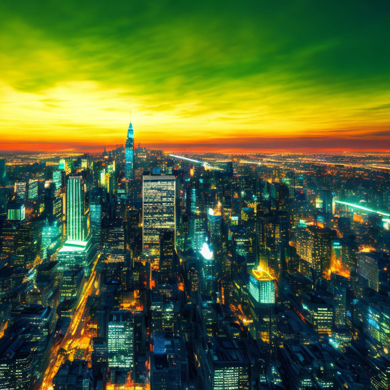 City skyline at dusk with illuminated skyscrapers under vibrant sky