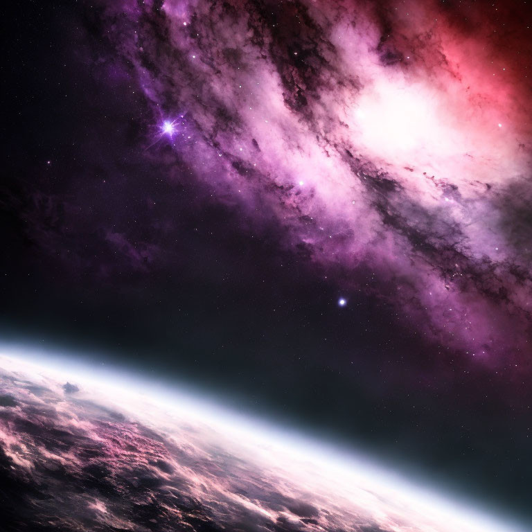 Vibrant cosmic scene with star-studded purple nebula above distant planet's horizon