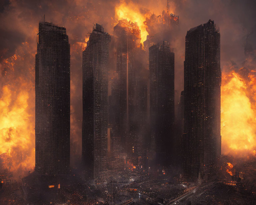 Dark skyscrapers ablaze in apocalyptic cityscape.