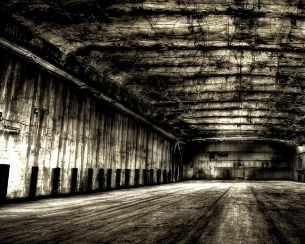 Desolate, gritty warehouse with shadows and textures