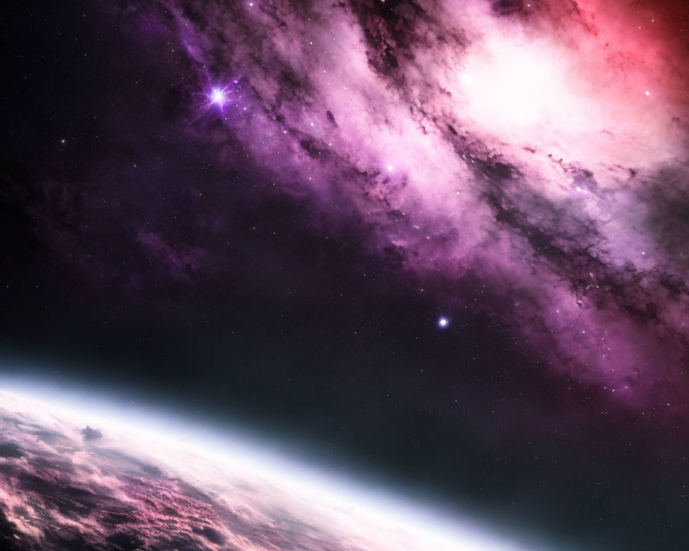 Vibrant cosmic scene with star-studded purple nebula above distant planet's horizon