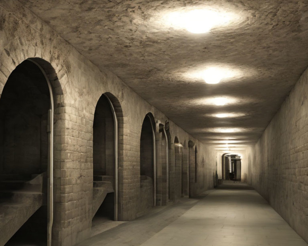 Underground corridor with arched alcoves, stone walls, and ceiling lights.