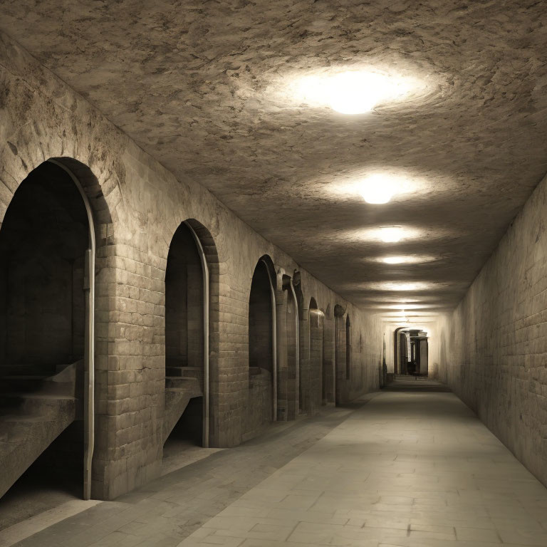 Underground corridor with arched alcoves, stone walls, and ceiling lights.