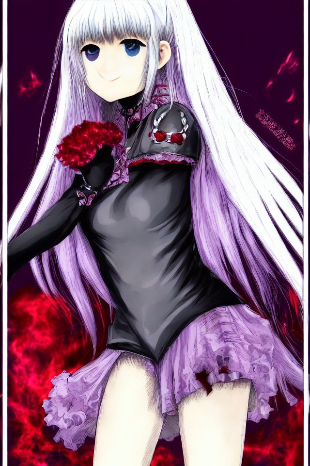 Silver-haired anime girl with blue eyes holding a red flower in black and purple dress on crimson backdrop