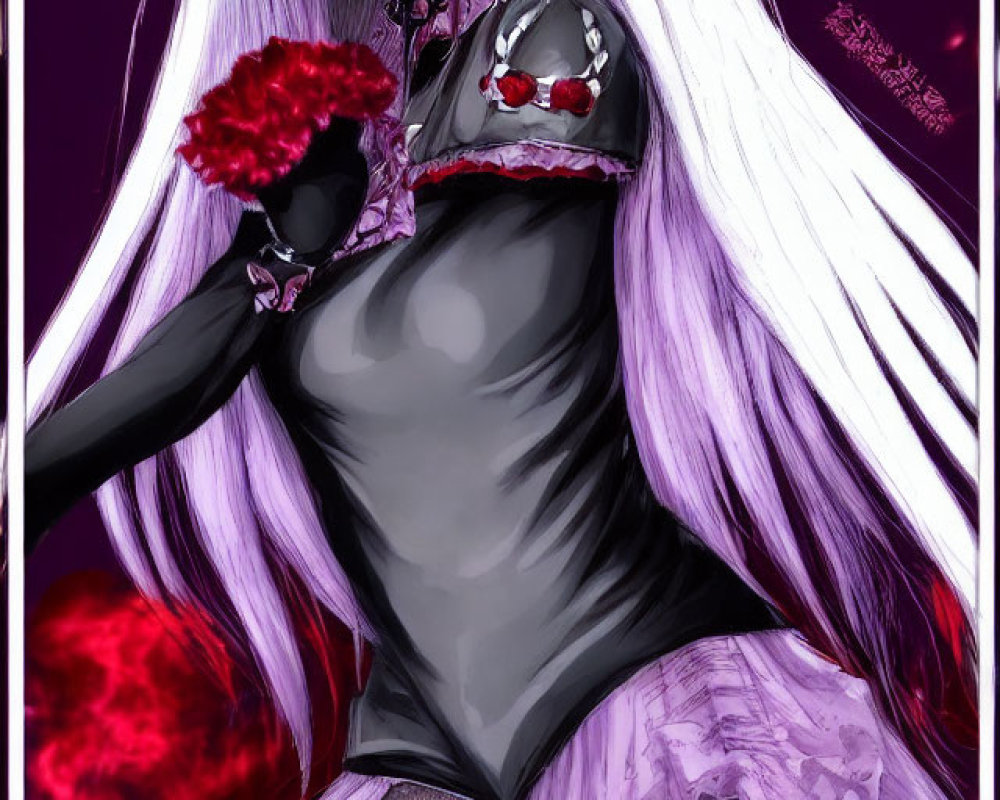 Silver-haired anime girl with blue eyes holding a red flower in black and purple dress on crimson backdrop