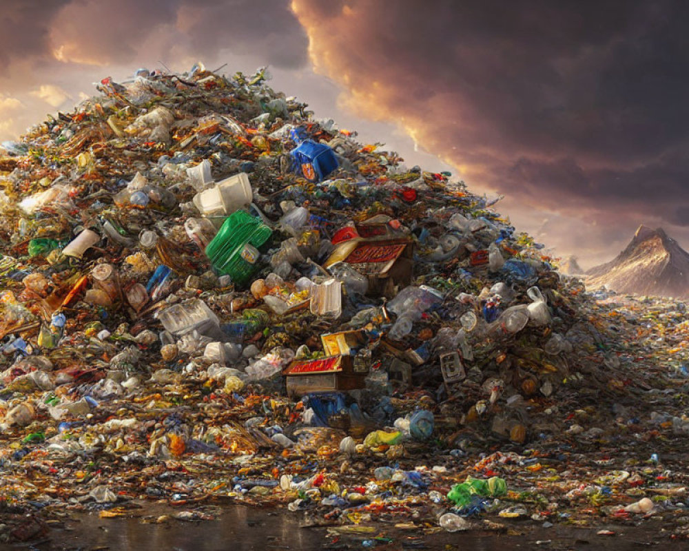 Large garbage pile under dramatic sky with distant mountain