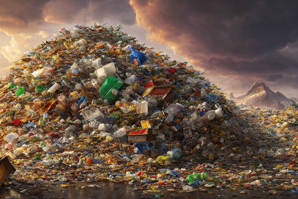 Large garbage pile under dramatic sky with distant mountain