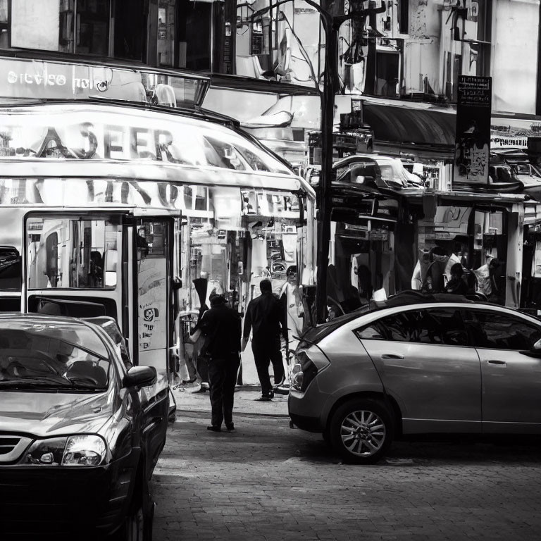 Monochrome urban street with parked cars and pedestrians