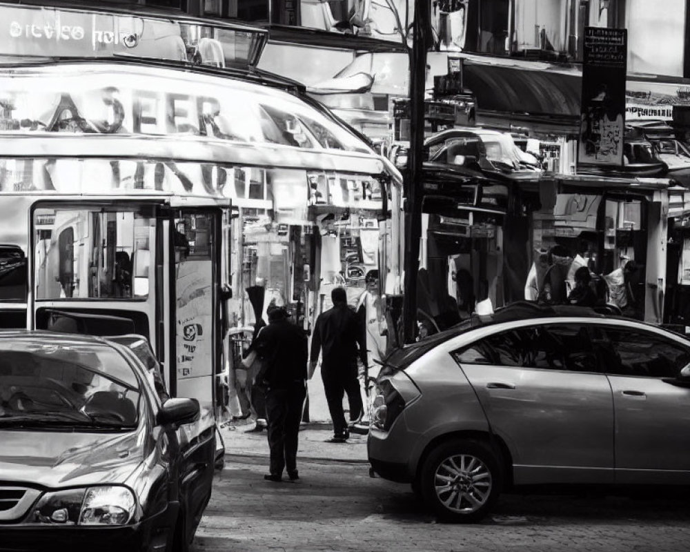 Monochrome urban street with parked cars and pedestrians