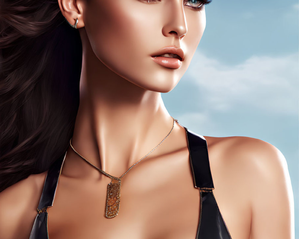 Digital artwork featuring woman with wavy hair and blue eyes in glossy black top.